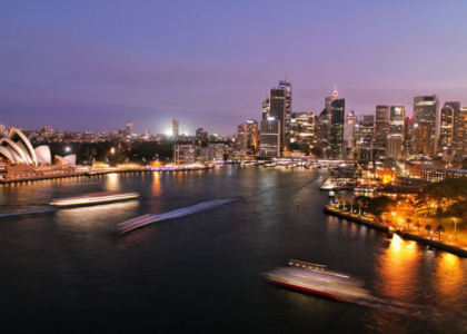 Aerial view of Sydney harbour and Opera House at twilight - Australia consular services