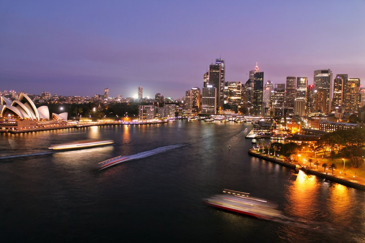 Aerial view of Sydney harbour and Opera House at twilight - Australia consular services