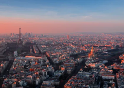 Aerial view of Paris at golden hour for Indian students planning to study in France 2026