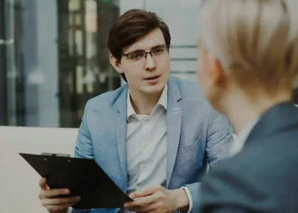 Student practising for a study abroad interview in a smart blazer