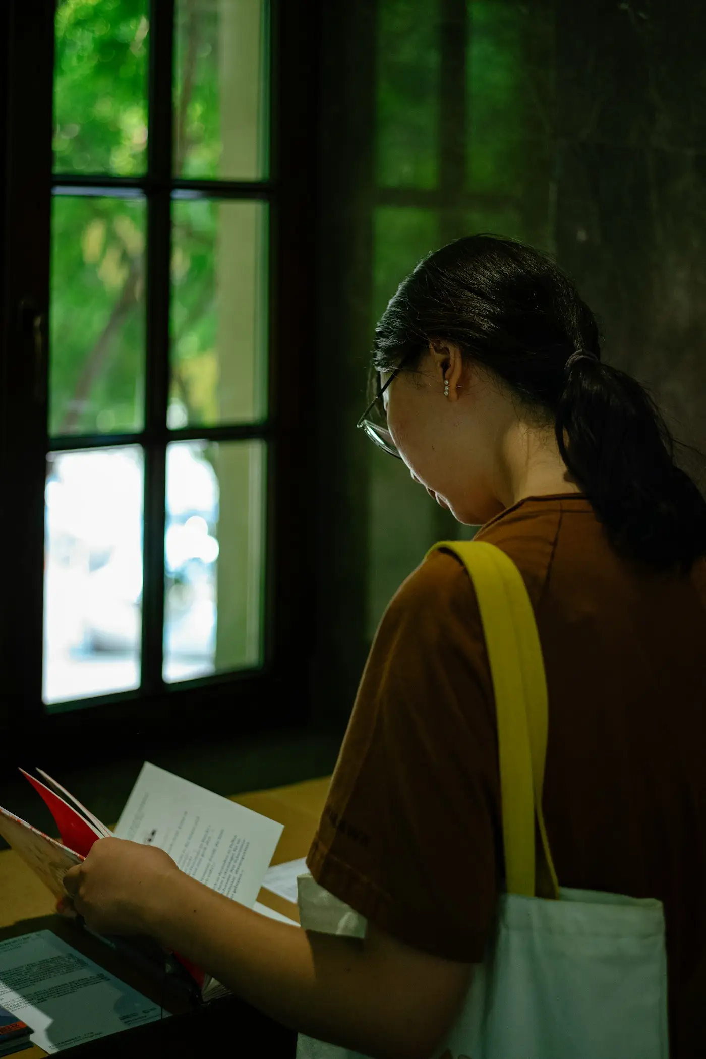 Student reviewing papers by a window before accepting an offer