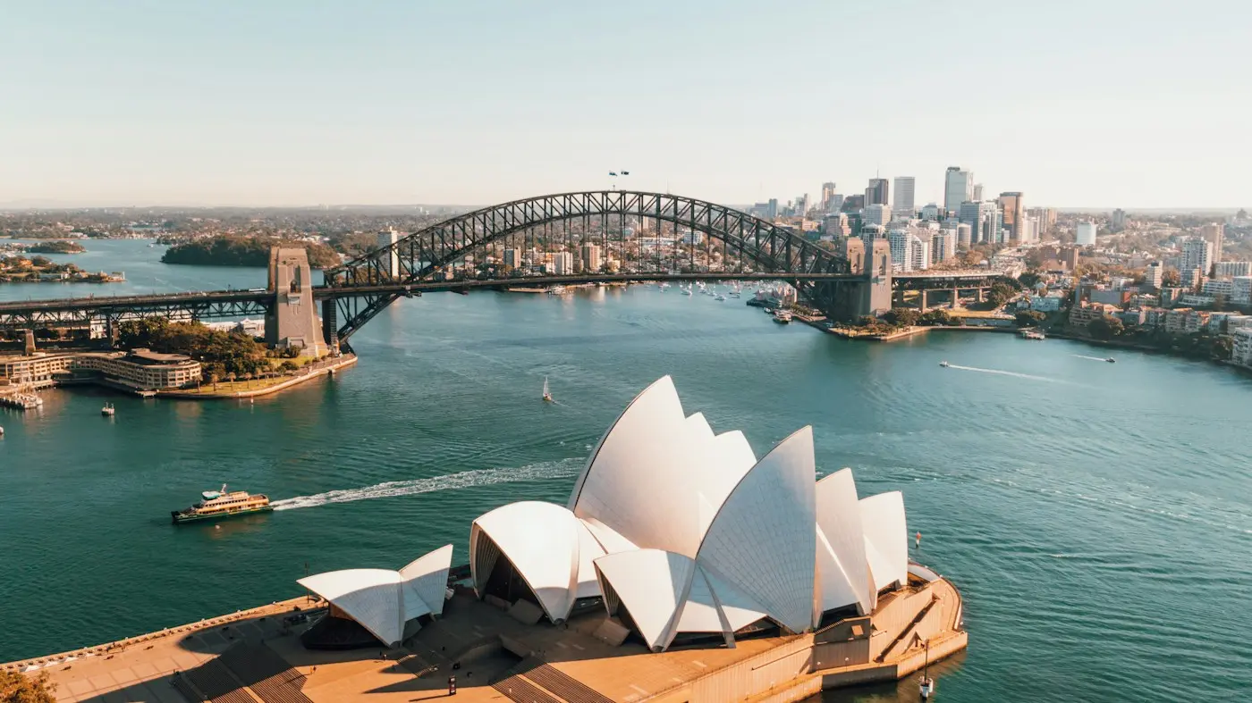 Sydney Opera House and Harbour Bridge, representing study in Australia and New Zealand